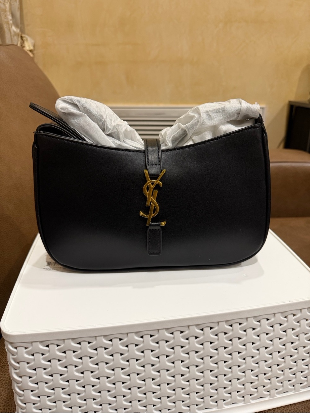 Saint Laurent Black Leather Messenger Bag with Gold YSL Hardware